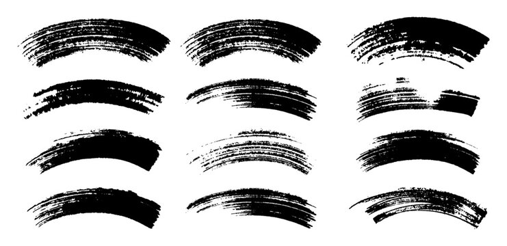 Set of grunge black curved brushstroke lines. Textured vector arc background, distressed paint curved border, artistic ink arch trace, rough hand-drawn swash and dark template for graphic layout