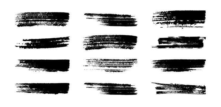 Big collection of black paint ink brushes. Textured vector brush background, distressed paint vector stroke, artistic dry brush trace, rough hatching line and dark shape for modern layout design
