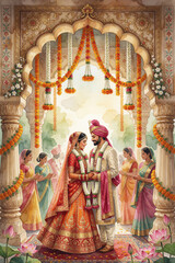 Fototapeta premium Indian wedding ceremony with bride groom holding hands. Ornate arch decorated with marigold flowers. Women in saris attend. Watercolor art style.