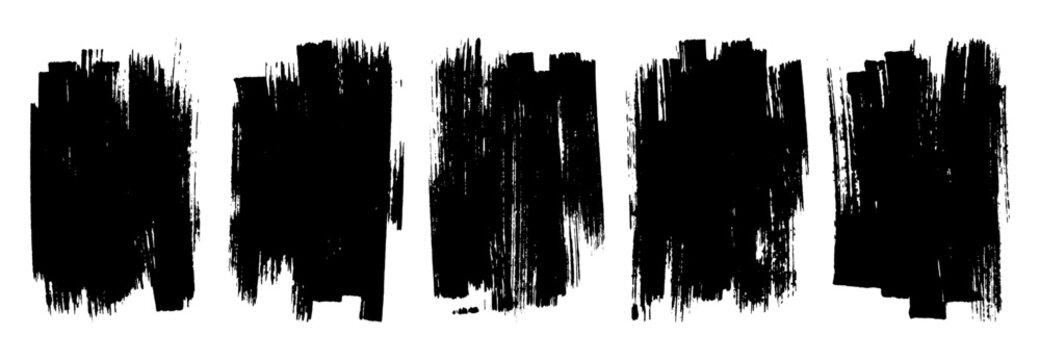 Set of black paint rectangle backgrounds. Isolated vector template, artistic brush stroke texture, distressed vertical rectangular patch, rough ink smear trace for banner design