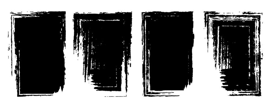 Set of grunge black rectangle brushstroke frames. Textured vector frame background, distressed paint rectangular border, artistic ink trace, rough hand-drawn edge and dark template for graphic