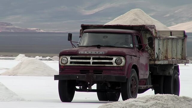 Vintage Truck Driving Across Salt Flats in Northern Argentina Mining Area - 4K