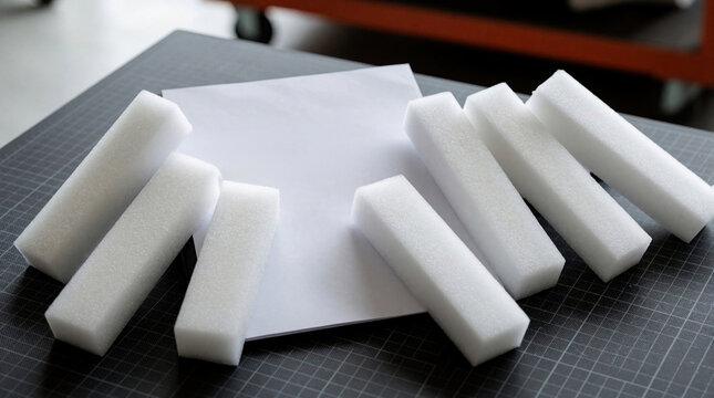 White foam blocks surround blank paper sheet on dark table. Concept for team building workshop trust roll exercise. Motivational sign space for business training, psychological resilience