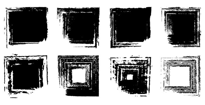 Big collection of black paint square frames. Isolated vector brushstroke frame, textured ink border, abstract square background, distressed vector element and rough edge