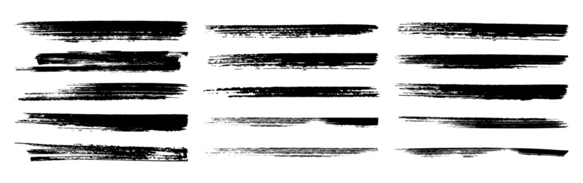 Big collection of black paint ink brushes. Textured vector stroke set, distressed paint vector line, artistic dry brushstroke trace, rough hand-drawn underline and minimalist border for graphic