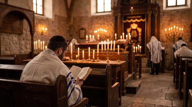 Devout Jewish Men Engaged in Silent Prayer and Torah Study Within a Historic Candlelit Synagogue Interior Setting