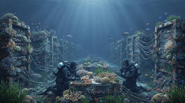 Two divers inspect submerged computer servers transformed into an artificial reef covered with coral and marine life.