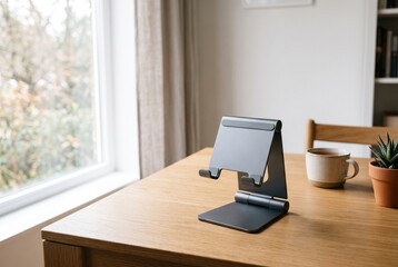 Fototapeta premium Empty folding tablet stand resting on a wooden desk setup