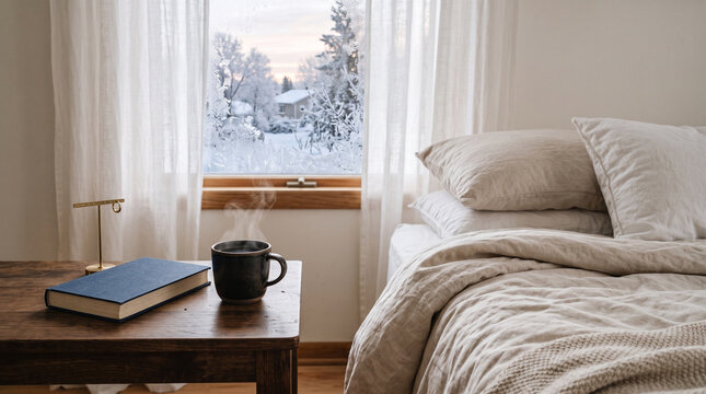 Steaming Morning Coffee Cup by Window with Snowy Landscape View