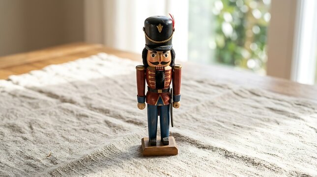 A traditional wooden nutcracker soldier figurine standing on a textured linen table runner indoors with natural light illuminating figurine stands upright