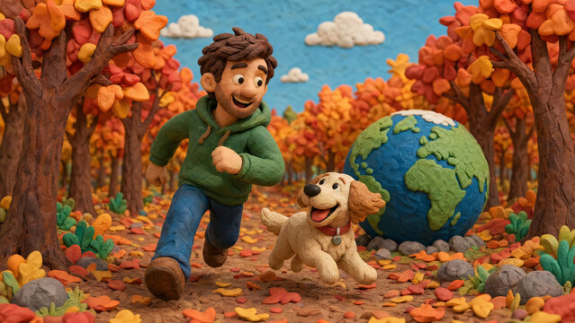 3D clay illustration of a happy man running with his dog in autumn forest near Earth globe