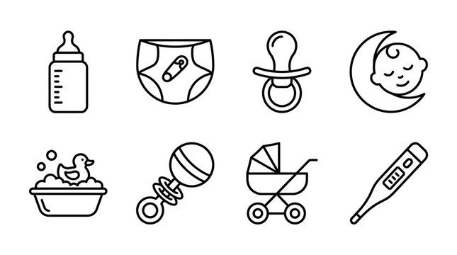 Modern flat icons representing baby essentials and medical tools in a cohesive and visually balanced composition.