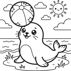 Obraz premium Seal balancing a beach ball black and white vector illustration