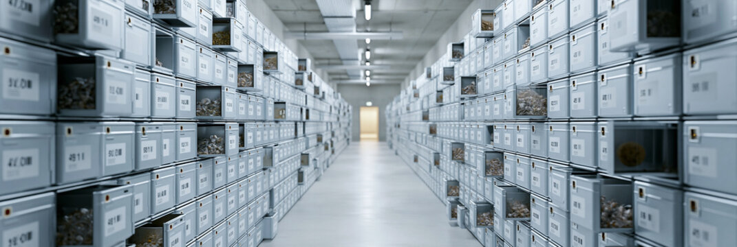 Metal storage facility filled with organized boxes in a modern industrial setting.