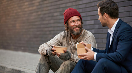 Obraz premium One man sits on the sidewalk holding a bowl while smiling at another man in a suit who has food. They are in a busy urban setting with brick walls around them