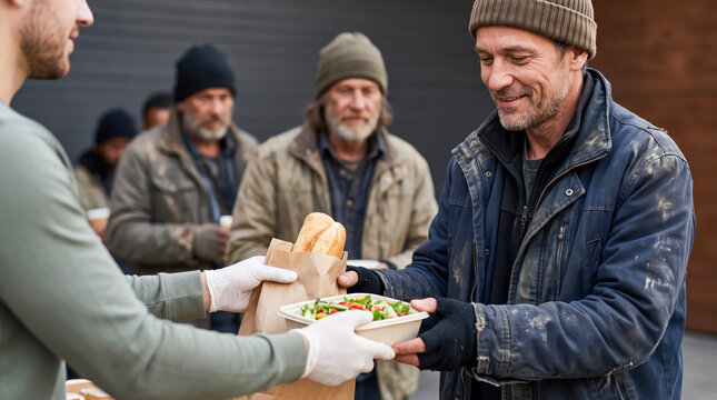 Volunteers hand out meals and drinks to individuals in need during a food distribution event in an urban area. People gather to receive food, showing appreciation for the help