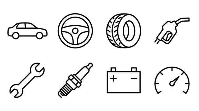 Simplified line icons showcasing car-related components and tools essential for automotive repair and performance.