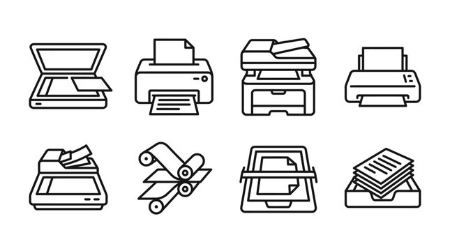 Collection of flat line icons featuring printers, scanners, and office equipment including desktop printer, scanner, copier, and paper stacks.
