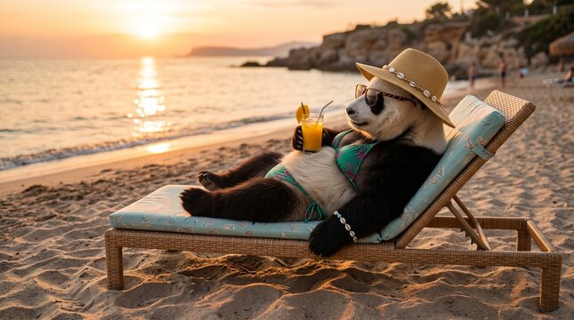 Hyper-realistic adult giant panda in tropical green bikini with straw hat and sunglasses holding mango juice glass on woven chaise at Mediterranean beach sunset, lifestyle editorial