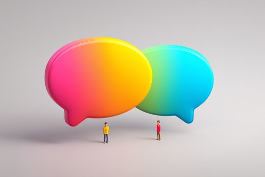 Isometric view of two large colorful speech bubbles with two tiny figures beside them, communication and dialogue concept, 3D illustration
