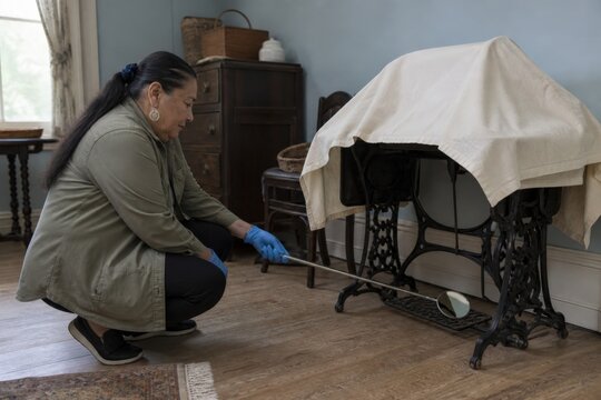 Museum Pest Monitoring Side One Carrying Out Check Preserved Historic House Sewing Room Conservator Crouches