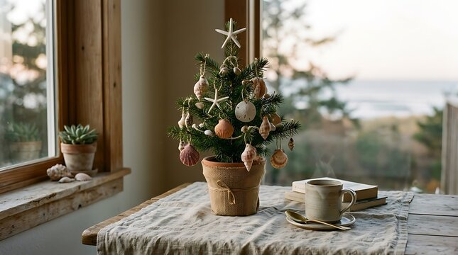 Small potted pine tree decorated with seashells sits on a wooden table near a window with sitting table next steaming mug coffee books various seashells starfish
