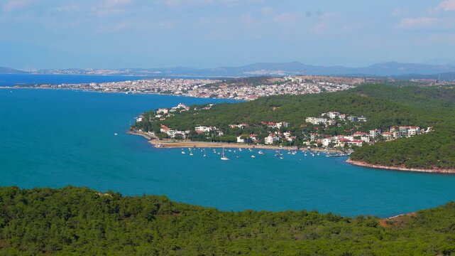 Panoramic View of Ayvalik Aegean Coastline and Seaside Town