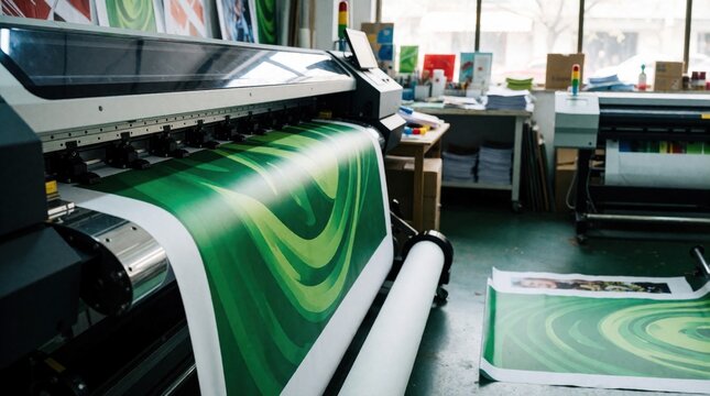 Large format printer produces green banner in workshop. Inkjet machine prints on vinyl roll. Modern printing equipment works in factory, digital plotters output graphics.