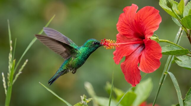 Green hummingbird hovering and feeding on nectar from a vibrant red hibiscus flower