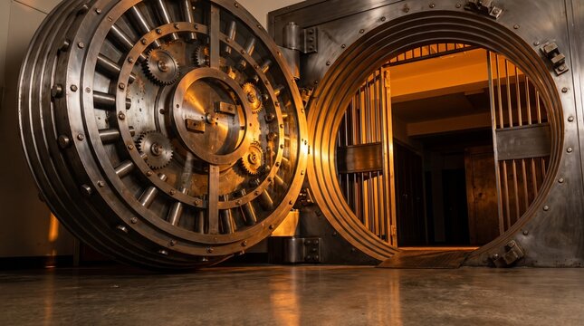 Open circular steel bank vault door with warm interior lighting