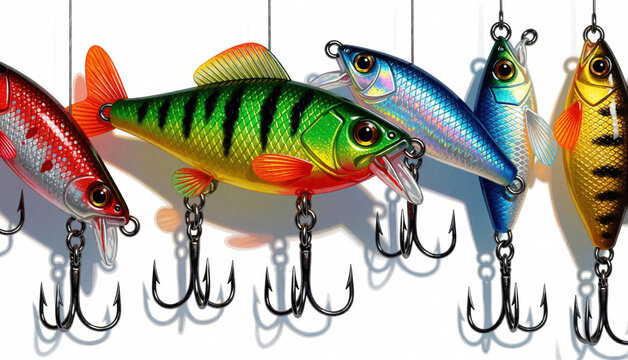 Various realistic fishing lures dangle against white background. Colorful artificial baits with treble hooks mimic small fish for anglers to catch predatory fish species.