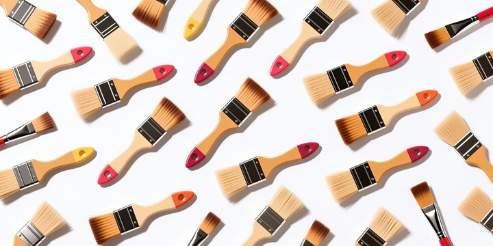 A random pattern featuring multiple paint brushes of varying sizes with wooden handles and colored ends, arranged organically, in a realistic style on a white background.