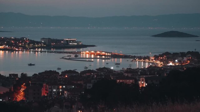 Ayvalik Cunda Island Nightscape with Marina Lights and Sea