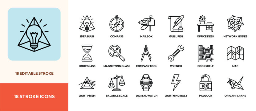 Set of black line icons for business and technology design with editable stroke vector illustration