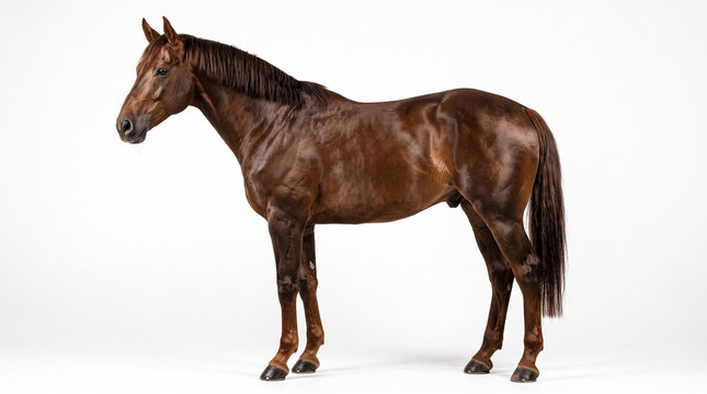 Ultra-realistic full brown horse standing naturally in side three-quarter profile, glossy coat, flowing mane and tail, detailed muscular anatomy, realistic ears, eyes and hooves