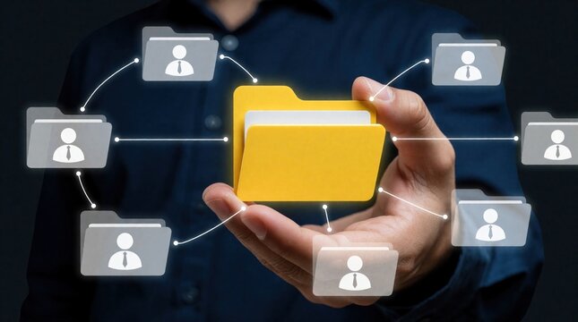 Man holds large yellow folder in hand. Digital network connects central file with many user profile icons. Concept of data management, cloud storage, secure file sharing in business network. Global