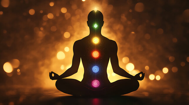 Sitting in a quiet meditation posture, wearing simple flowing meditation clothing, the seven luminous translucent chakra energy centers are aligned vertically along the spine from the base of the body