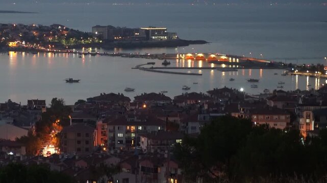 Twilight Panorama of Ayvalik Coast and Cunda Island in Turkey