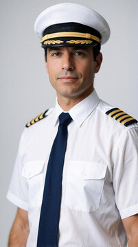 Man in pilot uniform stands confidently. He wears a white shirt, dark tie, and a captain hat. Shoulder epaulets signify rank. Pro airline crew member portrait with a subtle smile.