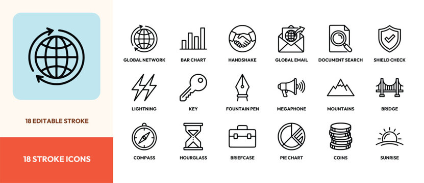 Set of eighteen business and communication line art icons with editable stroke for web and app