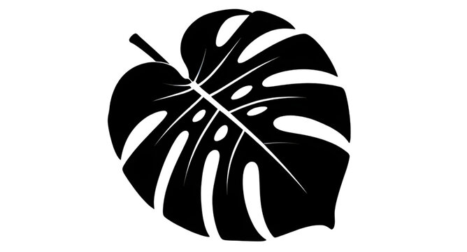 Monstera, leaf, tropical, black, silhouette, vector, graphic, isolated, white-background, plant, nature, palm, foliage, botanical, swiss-cheese-plant