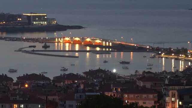 Cunda Island Marina and Aegean Sea Night View from Above