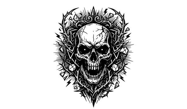 Dark Skull Thorn Emblem Metalcore Rock Band T Shirt Black White Vector Illustration