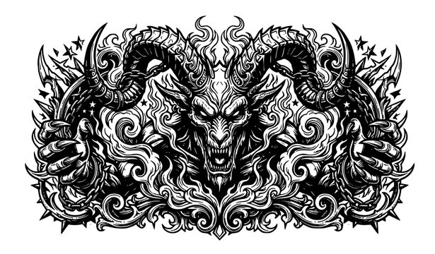 Horned Monster Rock Metalcore T Shirt Graphic with Spikes and Chains Black White Vector