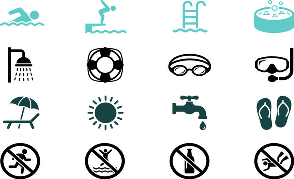 Set of swimming pool and summer vacation icons illustrating safety rules and recreational equipment for water activities