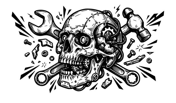 Mechanical Skull Industrial Rock Metalcore T Shirt Graphic Black White Vector Illustration