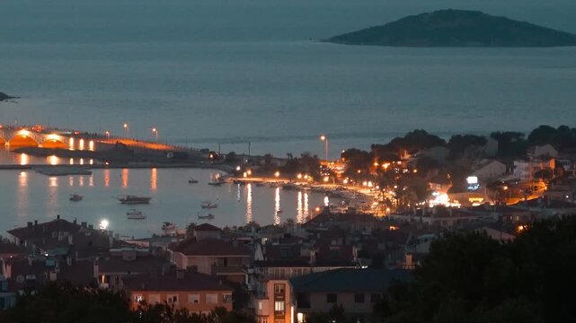 Panoramic Night Travel View of Cunda Island and Ayvalik Bay