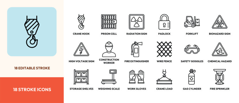 Set of industrial safety and construction hazard icons with editable stroke for web and print design