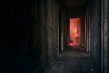 Fototapeta premium Haunted house hallway with a red light behind an open door