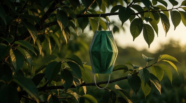 Green disposable face mask hangs on tree branch among lush leaves. Overgrown nature reclaims discarded pandemic protection item. Soft light filters through foliage.